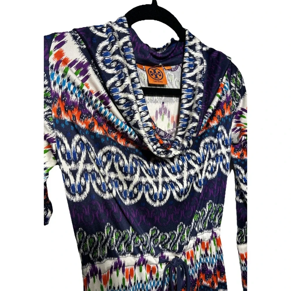 Tory Burch Silk Long Sleeve Cowl Neck Mini Dress Fantasy Print Sz Small‎ EUC